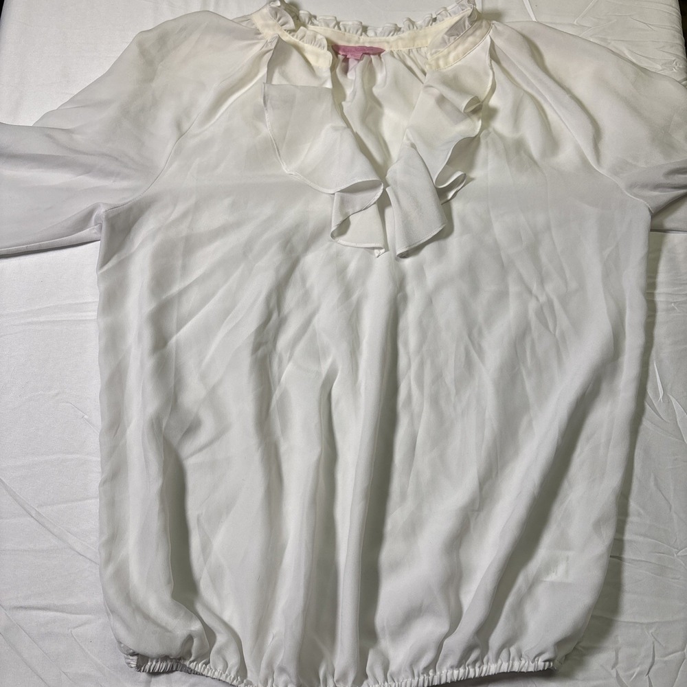 Lilly Pulitzer White Ruffle Neck Long Sleeve Elastic Bottom Blouse - Size L - Picture 4 of 9